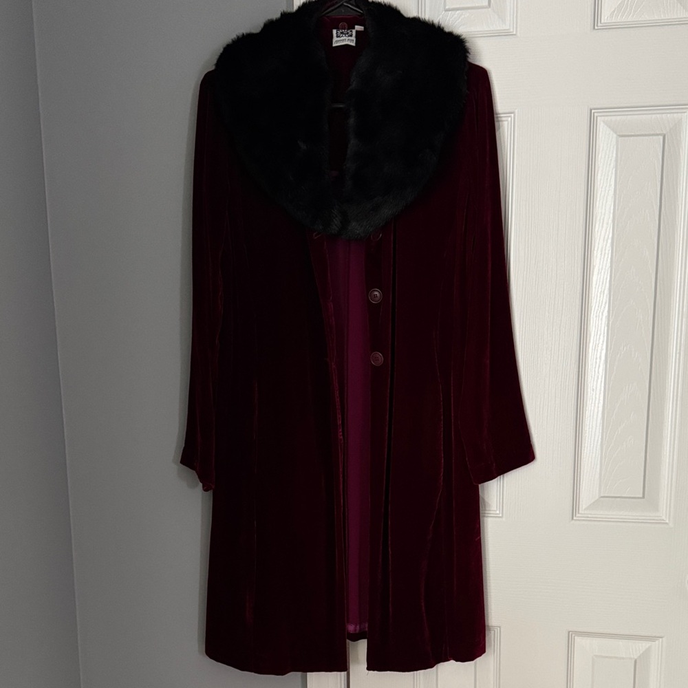 Johnny Was Deep Red Coat with Black Faux Fur Collar